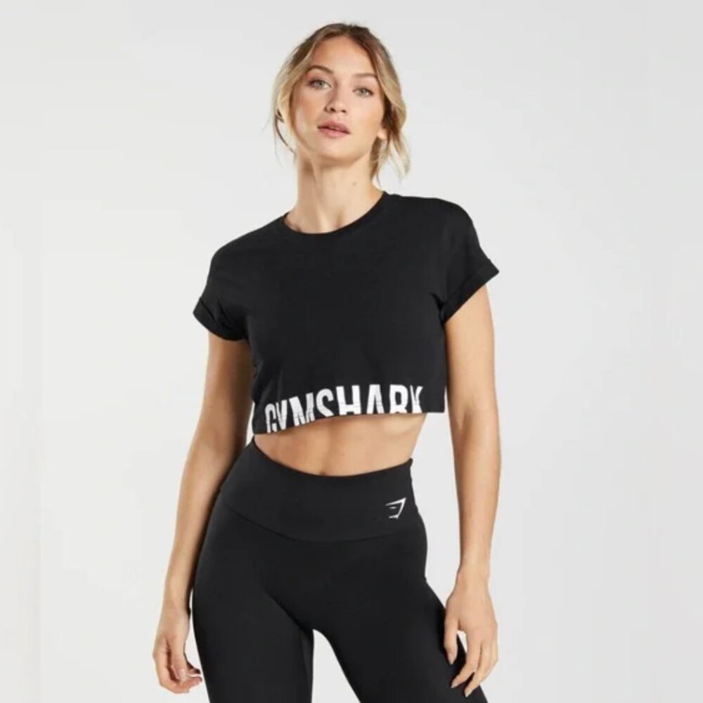 Gymshark Black Crop Top Short Sleeve Activewear Logo Tee Shirt
